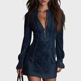 Rachel – Rochie mini din suede albastru cu dantelă