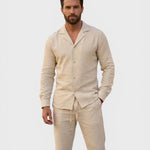Alexandra Oradea men's beige linen set with cuban collar shirt and drawstring trousers, perfect for summer.