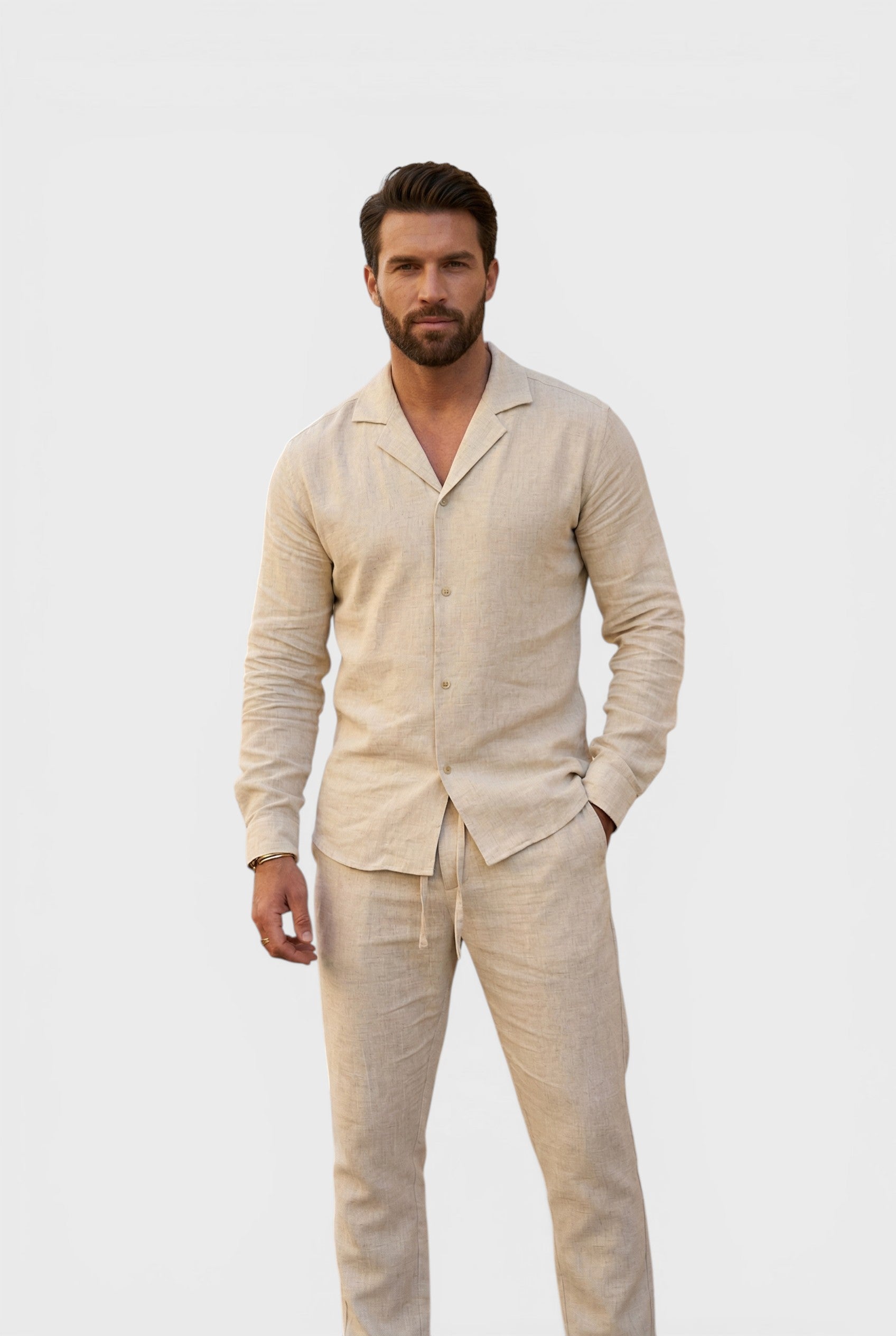 Alexandra Oradea men's beige linen set with cuban collar shirt and drawstring trousers, perfect for summer.