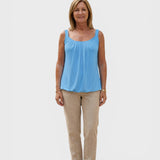 Alexandra Oradea blue U-neck sleeveless pleated top made of cotton blend, perfect for summer comfort and style.