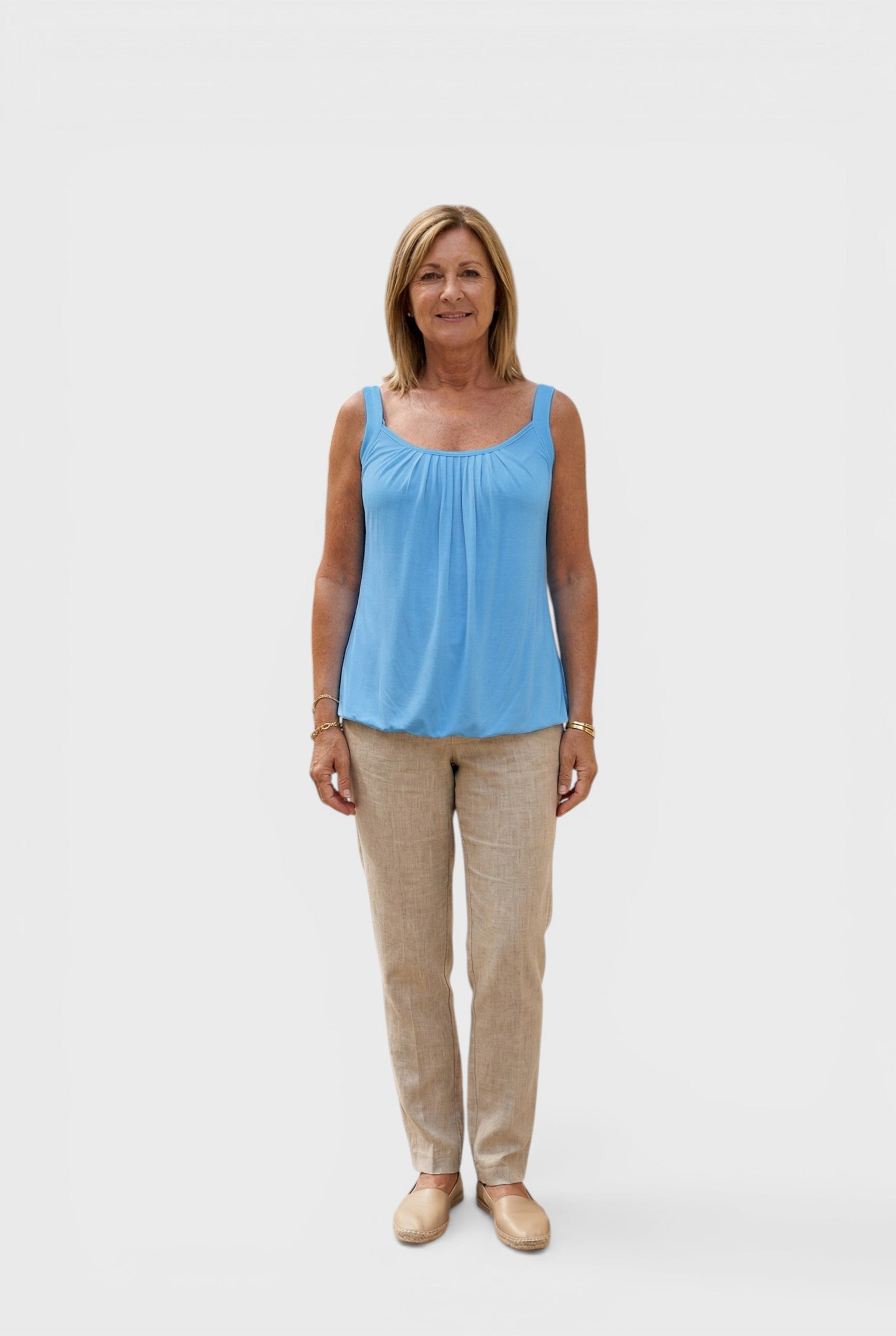 Alexandra Oradea blue U-neck sleeveless pleated top made of cotton blend, perfect for summer comfort and style.