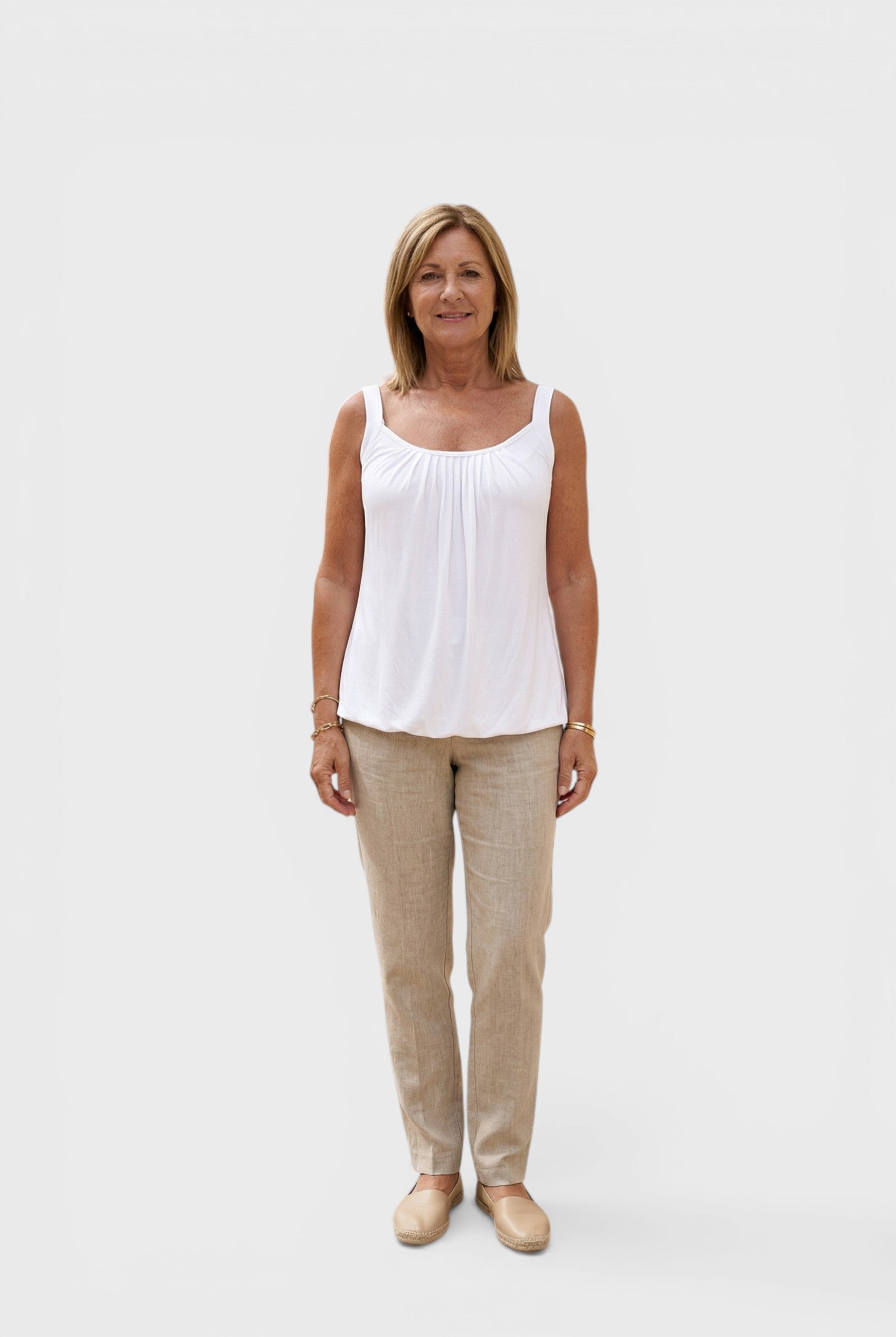 Alexandra Oradea white U-neck sleeveless pleated top made of cotton blend, perfect for summer comfort and casual style.